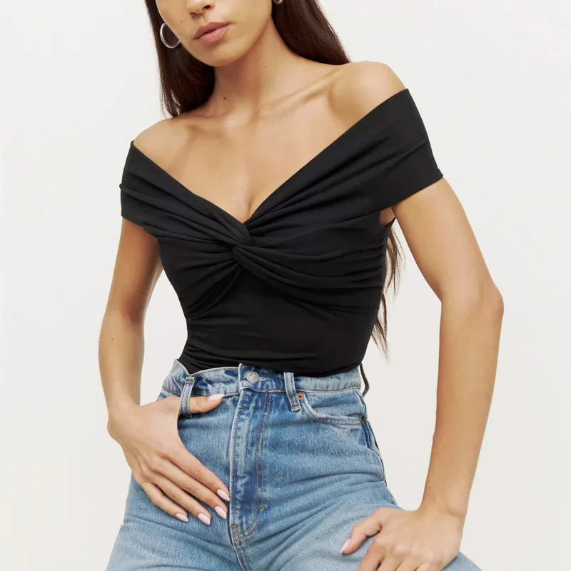 Twist Front Bardot Top for Women, Slash Neck