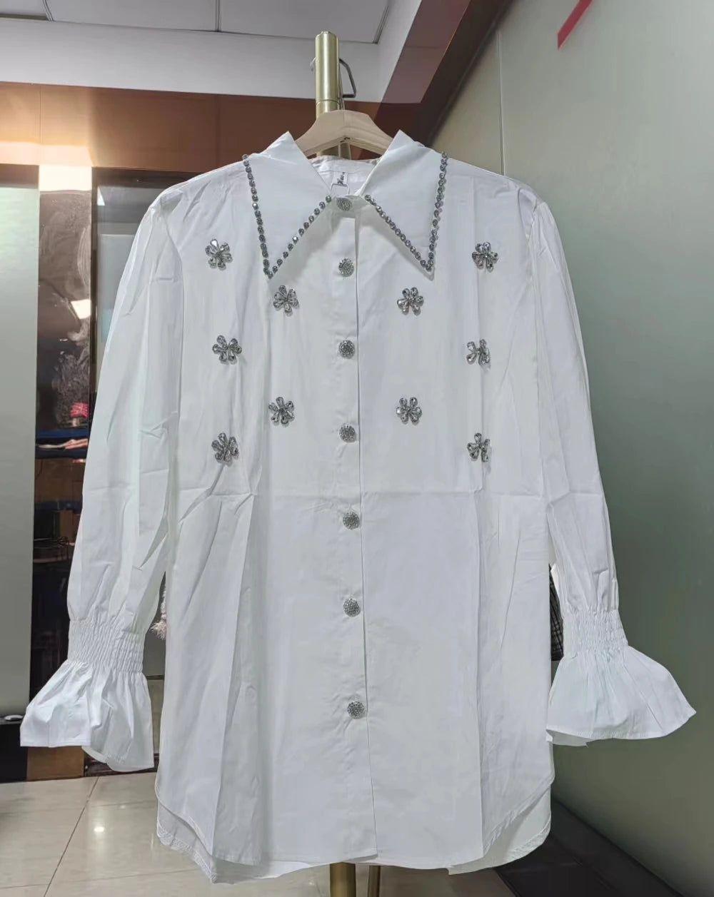 Oversize Rhinestone Embroidery Cotton Shirts