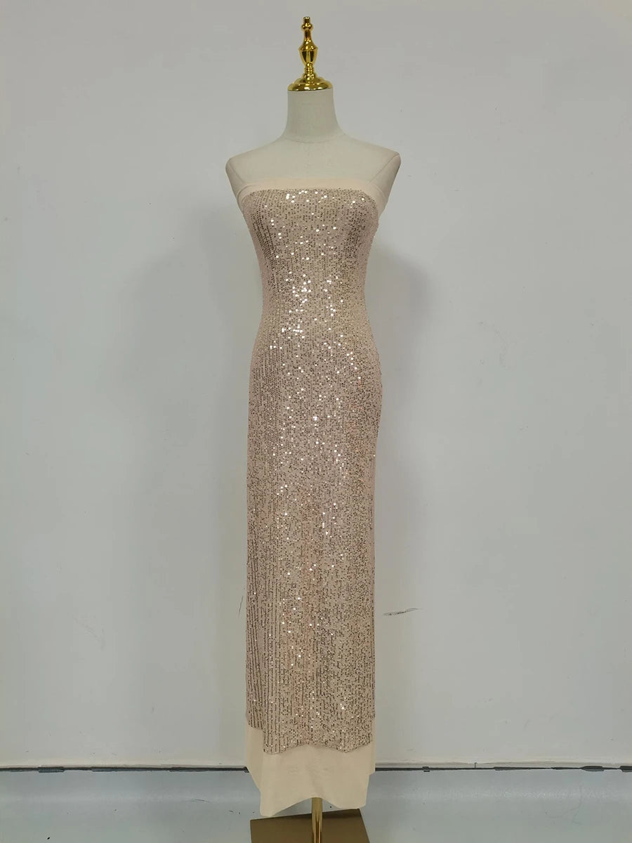 TWOTWINSTYLE Solid Slimming Fashion Dresses for Women Strapless Sleeveless Patchwork Sequins Midi Split Dress Female Clothing