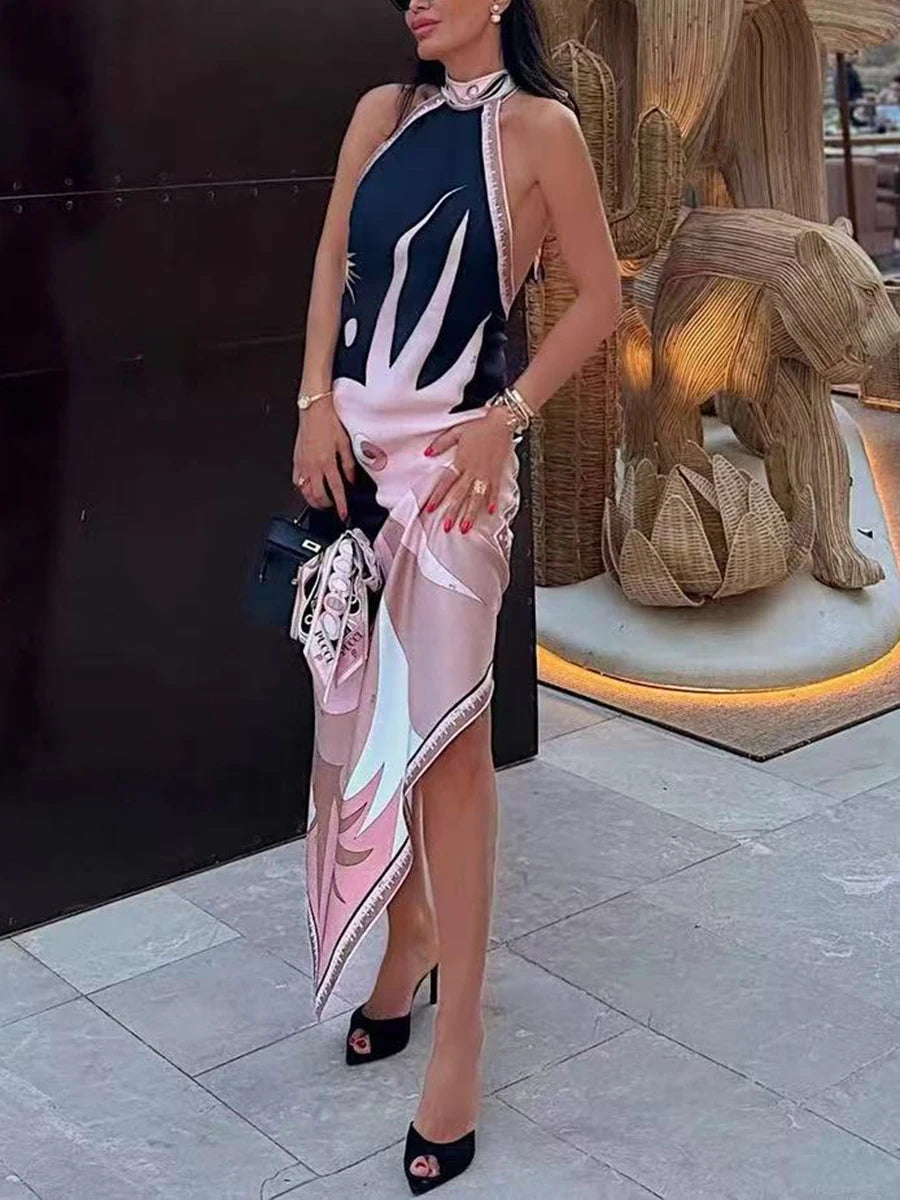 TWOTWINSTYLE Solid Loose Spliced Printing Chic Dresses for Women Halter Sleeveless Vintage Sexy Dress Female Summer Fashion New