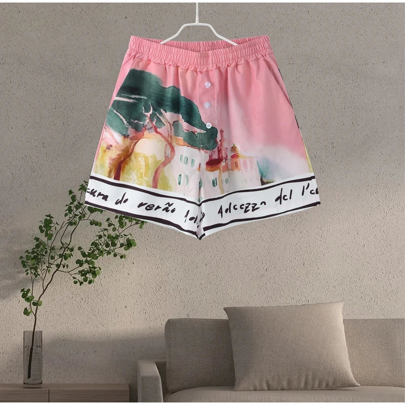 Fashion Printed 2 Piece Set Loose Lapel Button Long Sleeved Shirt Elastic Waist Shorts Suit 2025 Summer Autumn Beach Lady Set