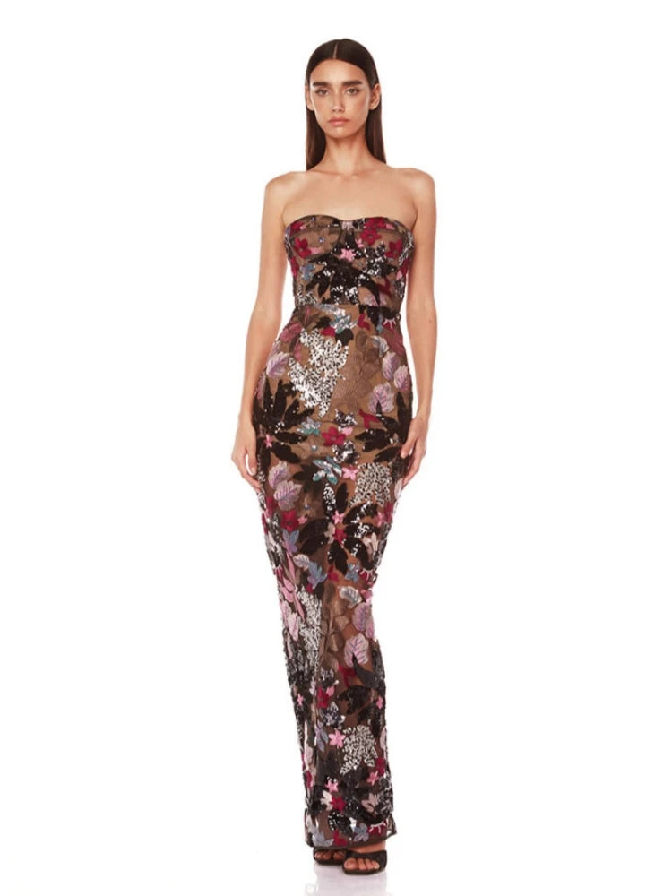 Sexy Strapless Floral Sequin Long Dress