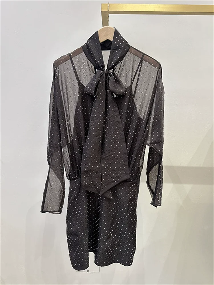 Women Bow Tie Collar Short Dress French Rhinestone Decoration Puff Sleeve Female Elegant Fake Two Piece Mini Robe Autumn New - Shellss