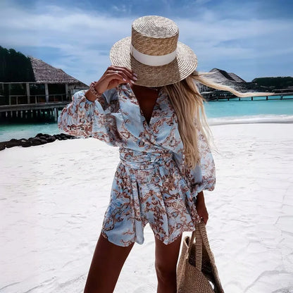 Boho Chic V-Neck Lantern Sleeve Romper