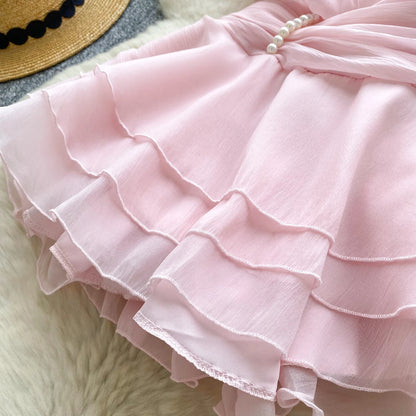 Chiffon Pearl Halter Mini Dress