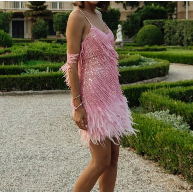 Tassel Sequins Feather Mini Dress