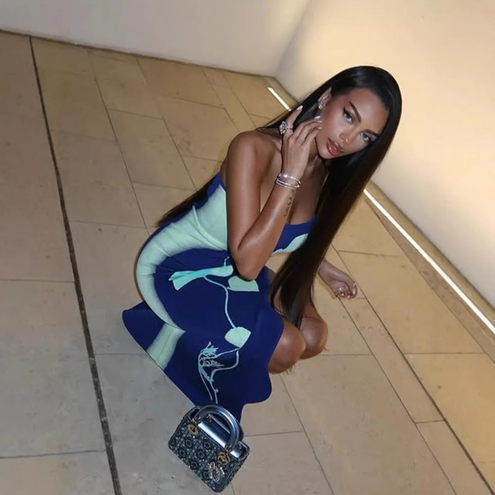 Fashion Elegant Sleeveless Print Long Dress Women's Sexy Backless Strapless Bodycon Maxi Dresses Summer Beach Holiday Long Robe