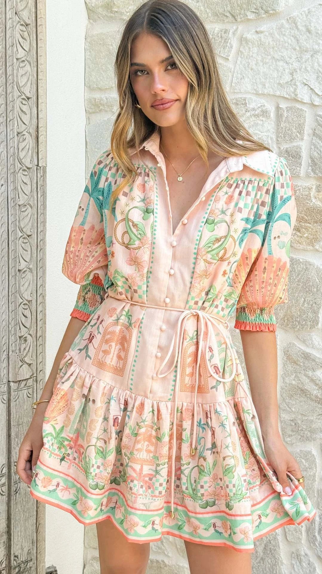 Casual Printed Lace up Dress High Waist Holiday Gown Elegant Waist Cinching Kaftan for Ladies Summer Season Button Closure - Shellss