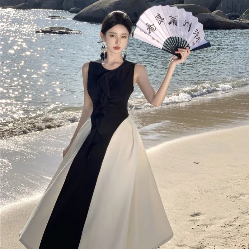 French Contrasting Color Patchwork Dress