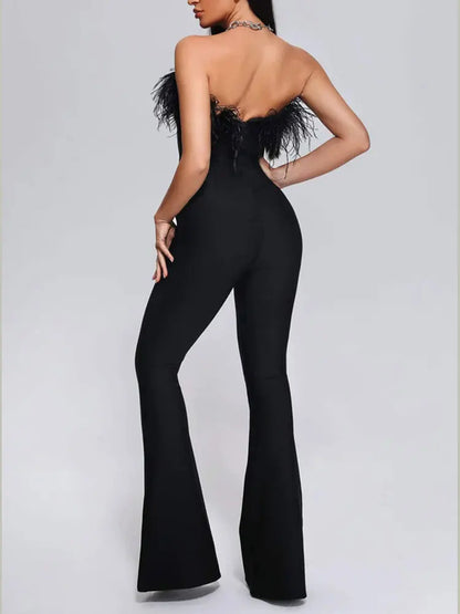 Women Strapless Sleeveless Off Shoulder Feather Design Bandage Jumpsuit