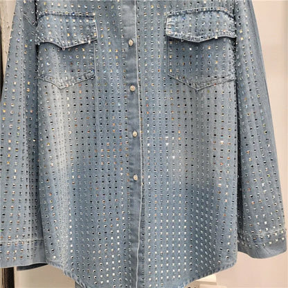 Luxury Women Sequined Diamonds Beading Denim Shirts