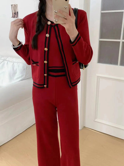 Strick-Cardigan + Hose mit weitem Bein, gestreift, lässig, 3-teiliges Set