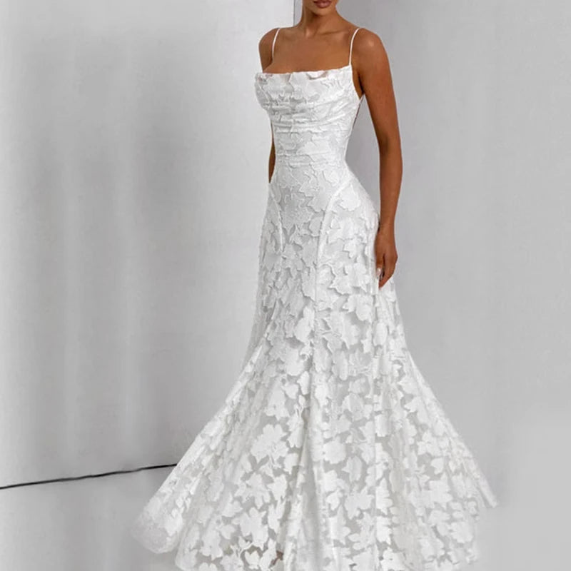 Women Fashion Jacquard Lace Solid Party Dress Elegant Backless Slim Sling Dress Sexy Off Shoulder Sleeveless Beach Long Dress - Shellss