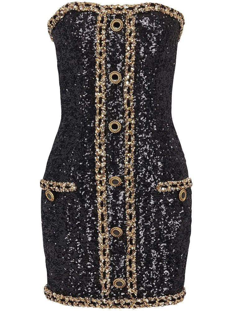 HIGH STREET Newest 2026  Designer Runway Fashion Women's Gold Chains Sequined Strapless Sheath Tube Dress