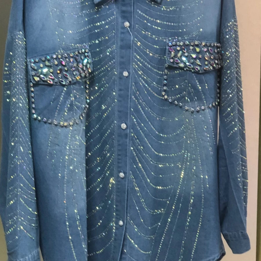 New In Autumn Sparkle Diamonds Mid-length Denim Shirts & Blouses For Women's Fashion Trend 2024   Tops Blusas Woman Clothes