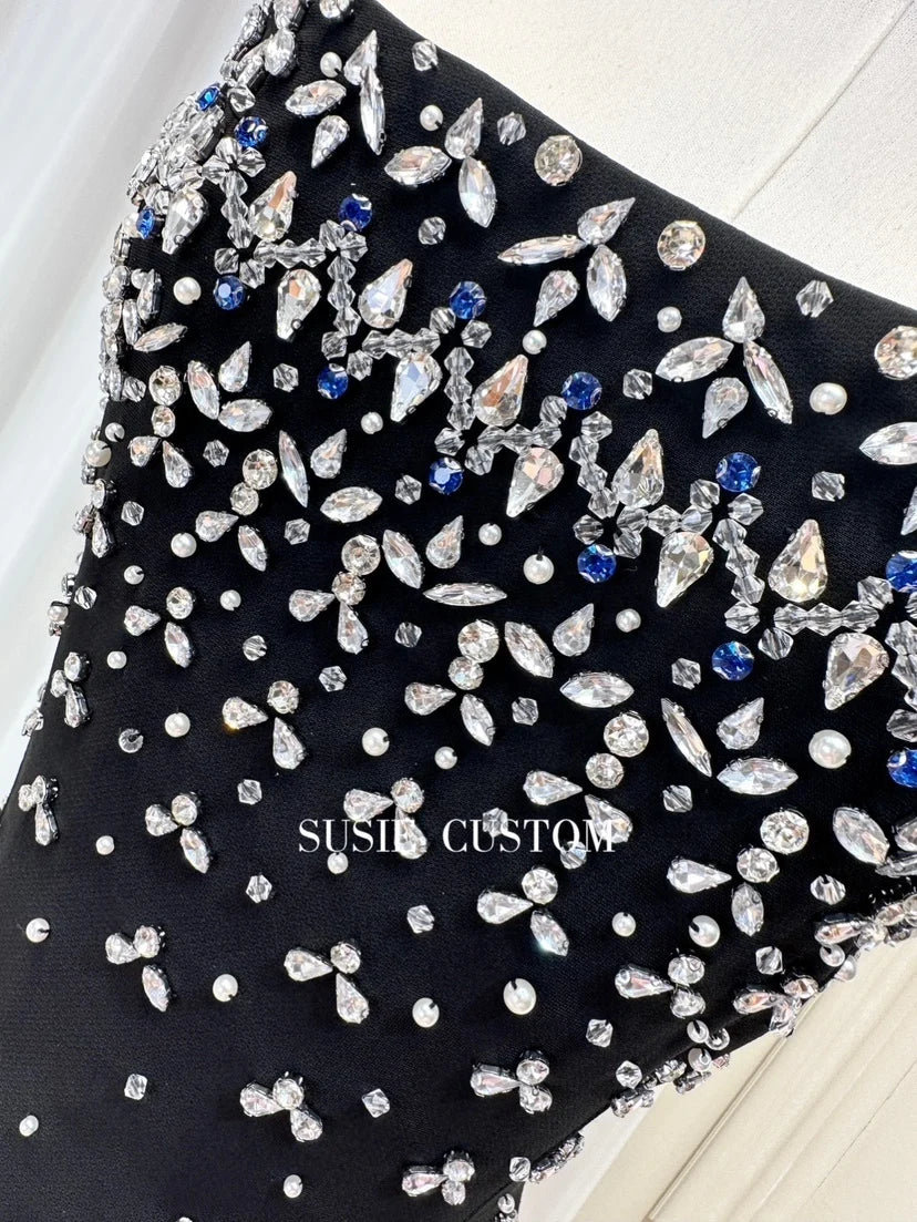 Fishbone Design Diamond Decorated A-Line Gown Heavy Embellishment Strapless Ball Gown Skirt Flounce Summer Dress