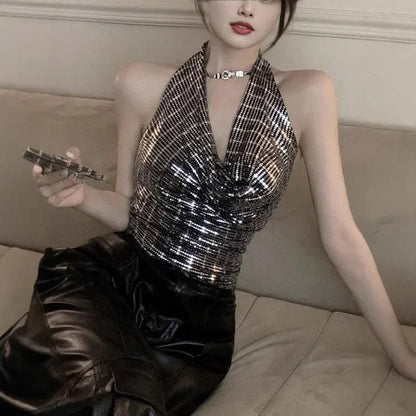 Shiny Sequin Halter Neck Crop Top Sparkly