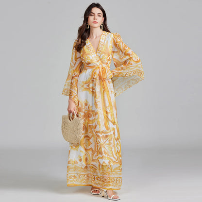 Golden White Porcelain Flower Print Lantern Sleeve