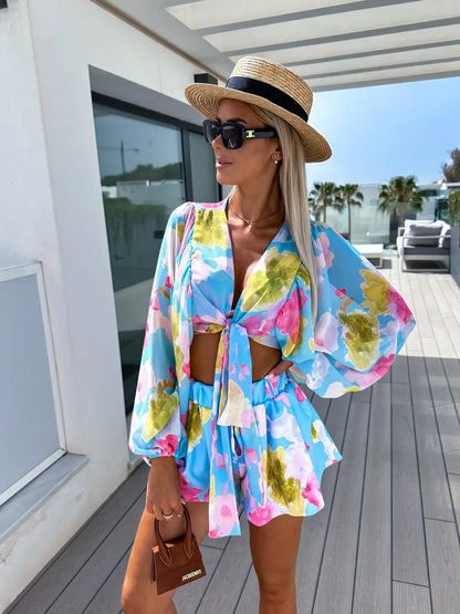 Summer Chic Printed V-Neck Shorts Set