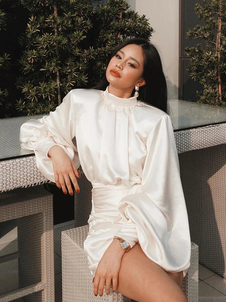 Ruched Satin Mini Dress – White Lantern Sleeve