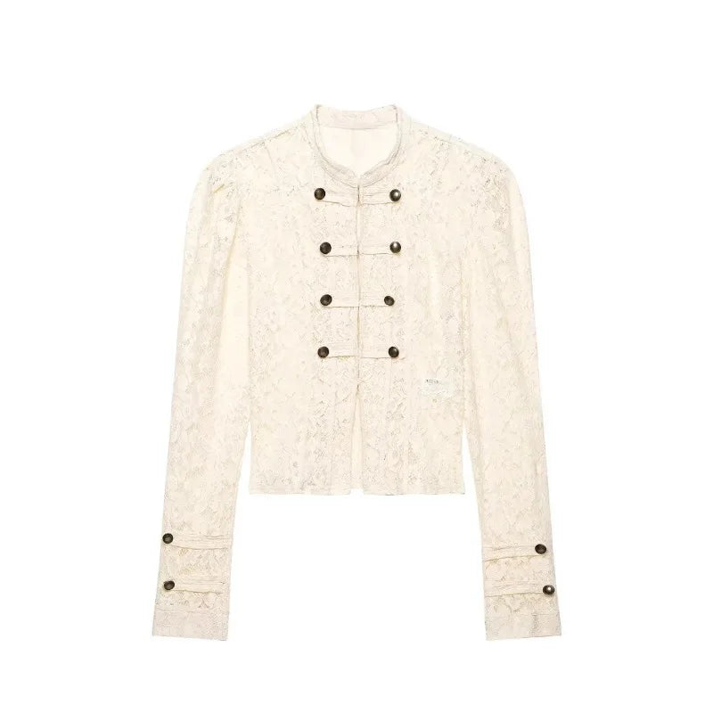 2026French Vintage Floral Lace Cropped Jacket Mandarin Collar Frog Knot Buttons Puff Long Sleeve Slim Retro Outerwear for Women