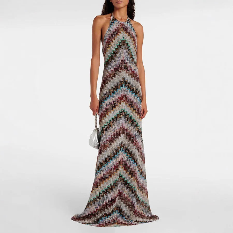 Summer New Fashion American European Women's Casual Trendy Striped Hanging Neck Sleeveless Floor Length Dresses Female Clothes