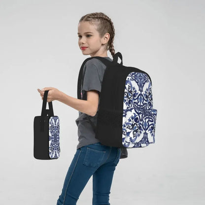 Blue Ornate Floral Mediterranean Sicilian Tile Backpacks Bookbag Children School Bags Rucksack Lunch Bag Pen Bag Three-Piece Set