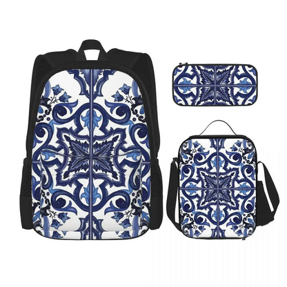 Blue Ornate Floral Mediterranean Sicilian Tile Backpacks Bookbag Children School Bags Rucksack Lunch Bag Pen Bag Three-Piece Set