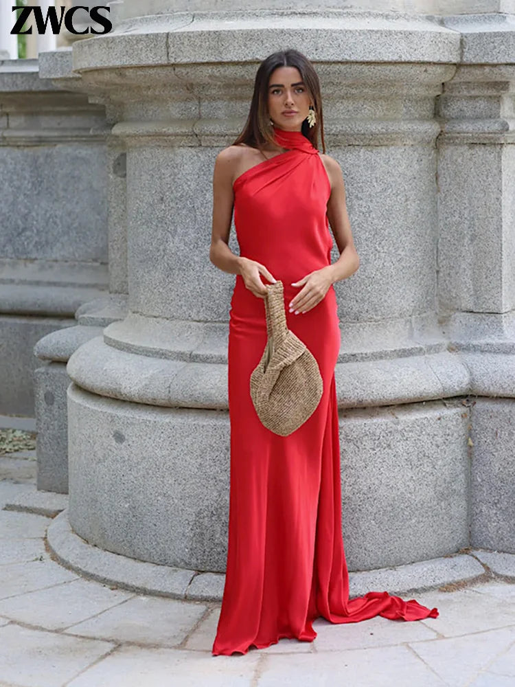 Elegant Satin Ribbons Halter Party Dress