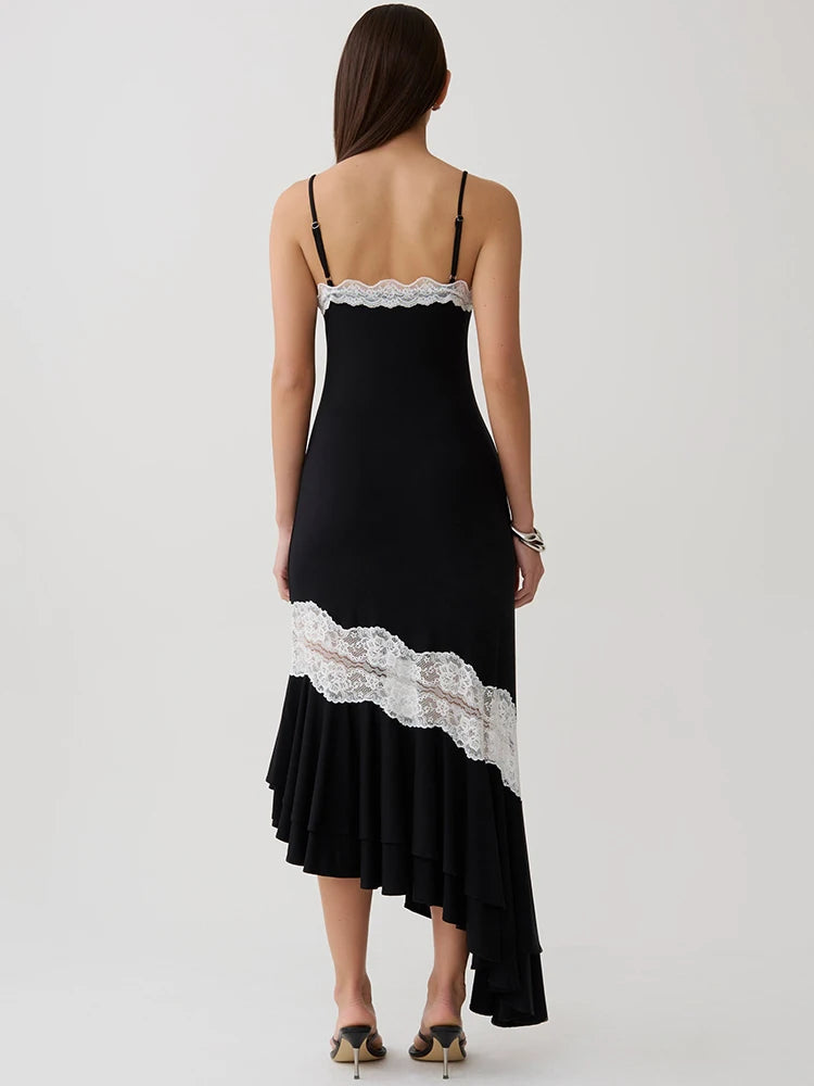 Mozision Women Spaghetti Strap V‑Neck Sexy Midi Dress Contrast White Lace Patchwork Ruffle Hem Bodycon Party Evening Dresses