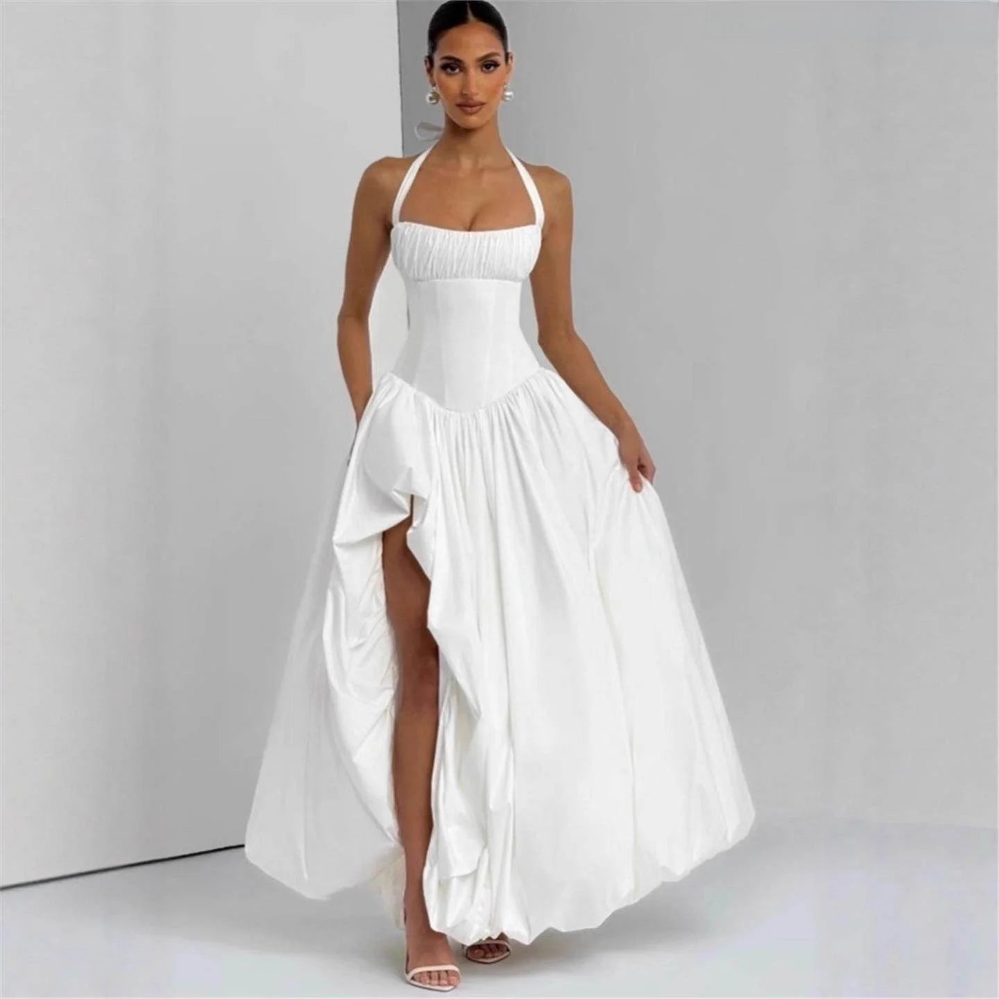 Princ Sle Long Dr LinJ High Waist Fibone Split Ne Hanging Strap European Sle Casual Wear for Middle-Aged Women - Shellss