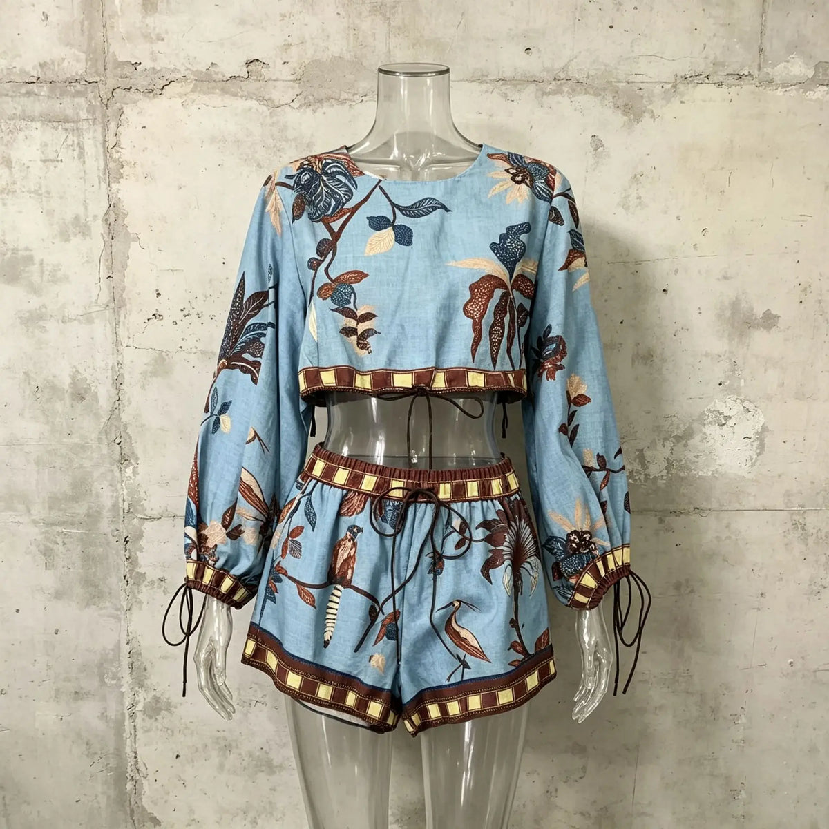 Bohemian Style Short Sleeve T-Shirt And High Waist Shorts Set round Neck Lantern Sleeve Print Casual Fashion Women's Outfit - Shellss