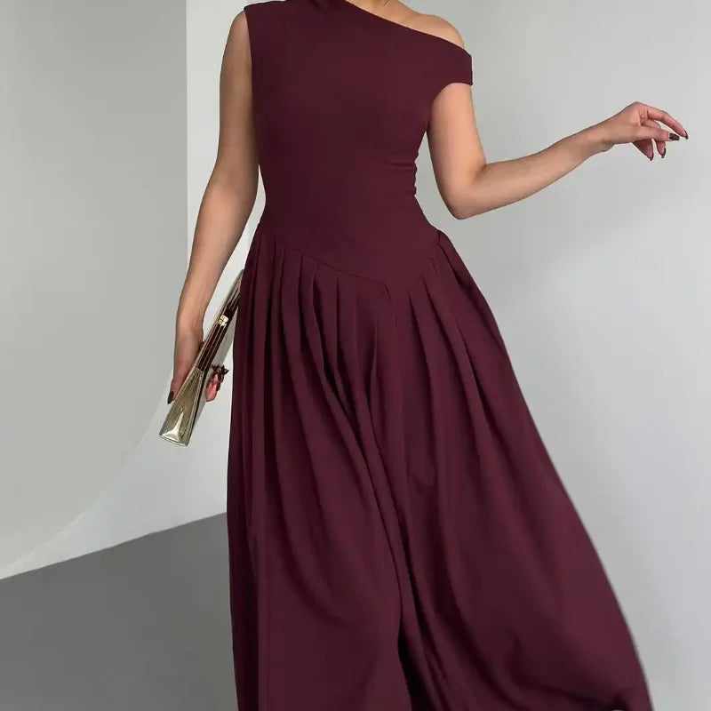 Elegant Wine Red Irregular Neck High Waist Pleated Hem