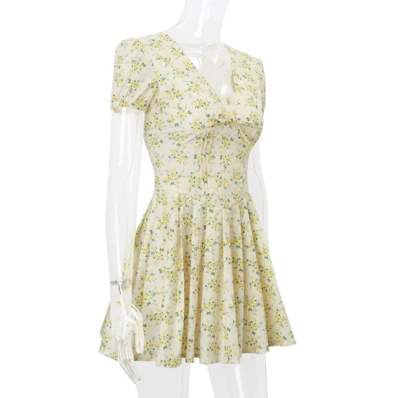 Yellow mini flowers V neck Mini