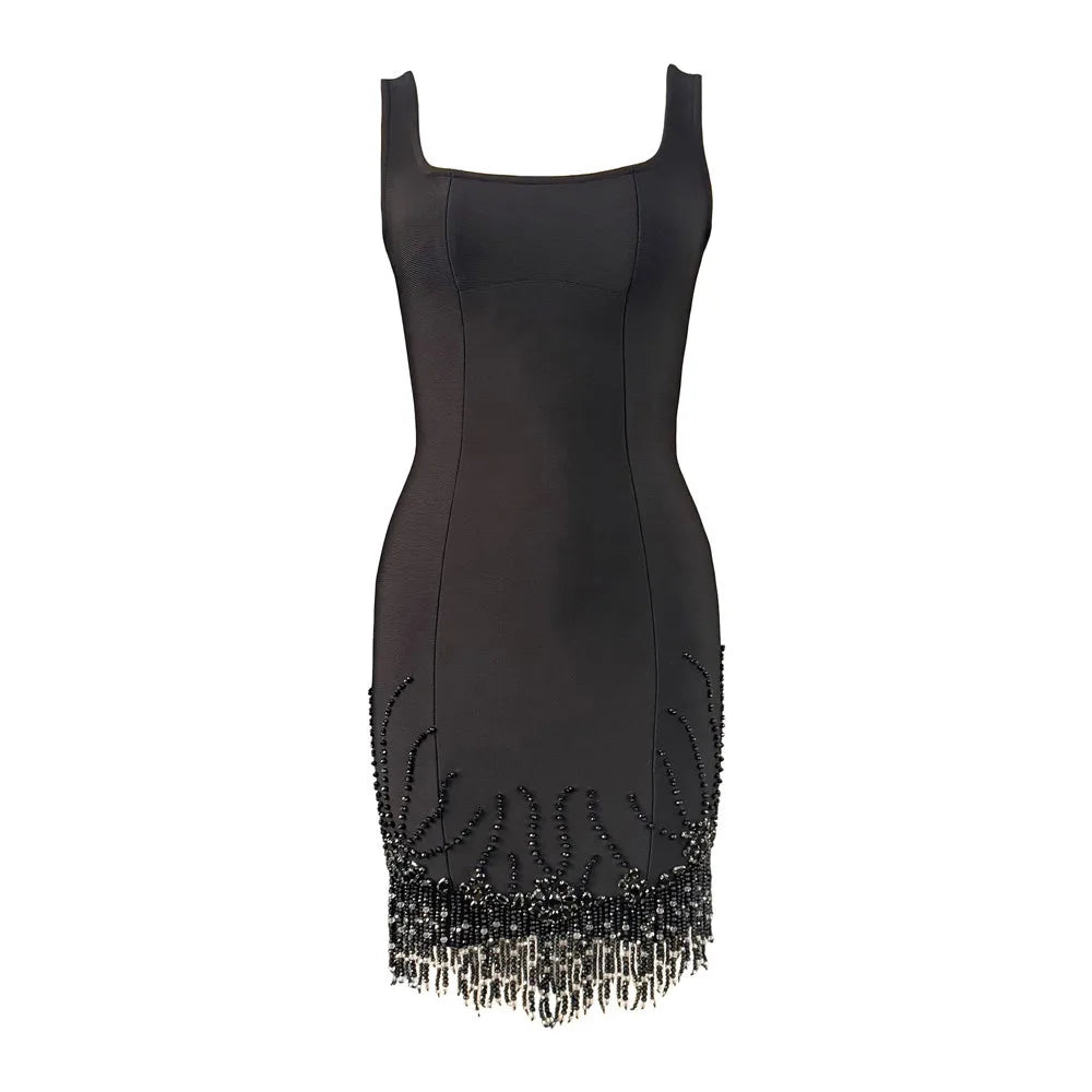 New sexy sleeveless diamond studded mid length dress, beaded tassel bandage dress, dance party dinner dress, short mini skirt