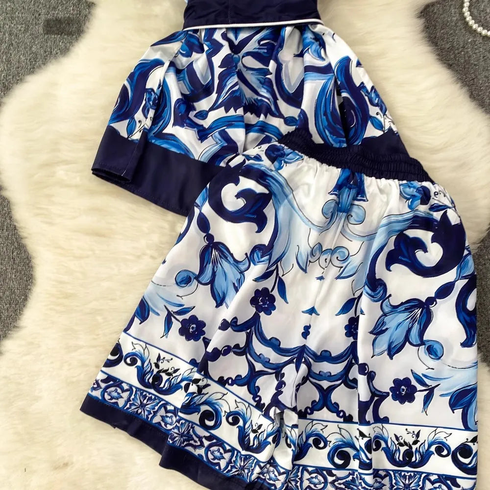 Retro Blue And White Porcelain 2 Piece Set Women Dolce