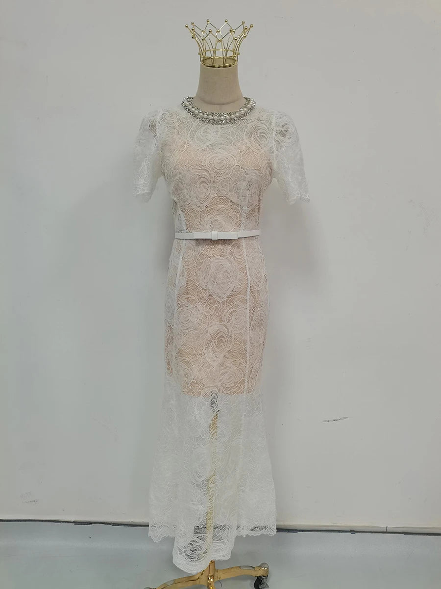 Self portrait clio vibes white lace midi