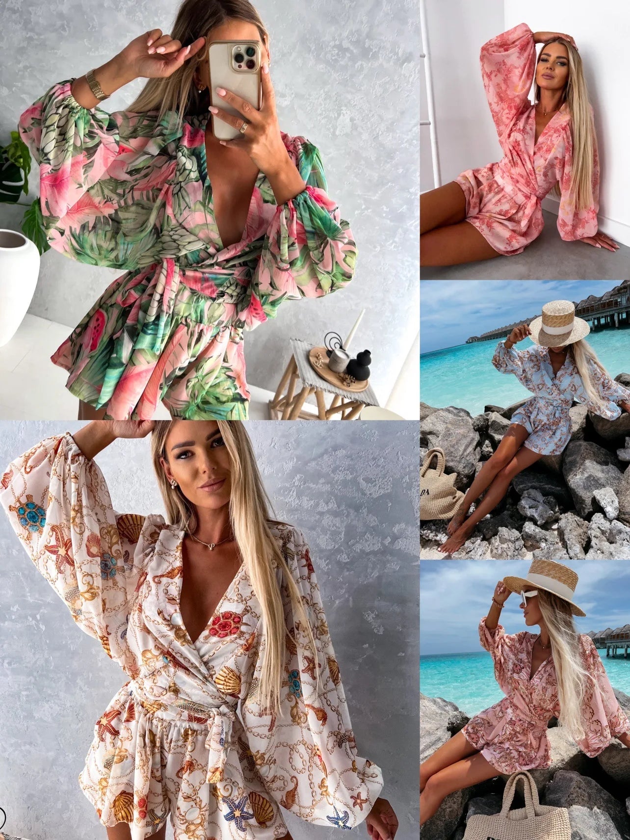 Boho Chic V-Neck Lantern Sleeve Romper - Shellss