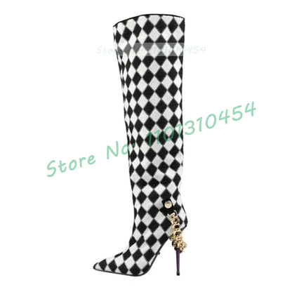 Black-white Checkered Knee-high Boots Women Stylish Gold Chain