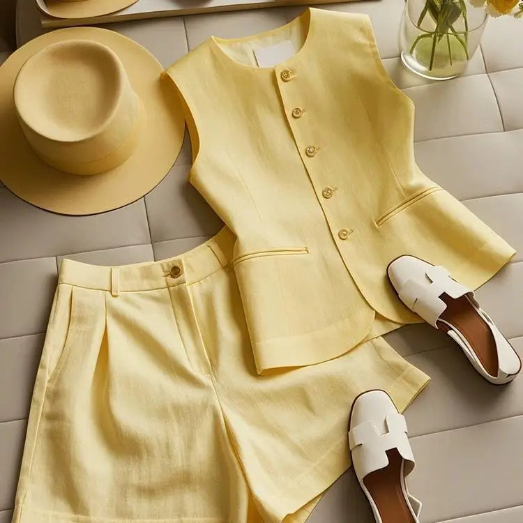 Yellow Vest High Waist Shorts Set
