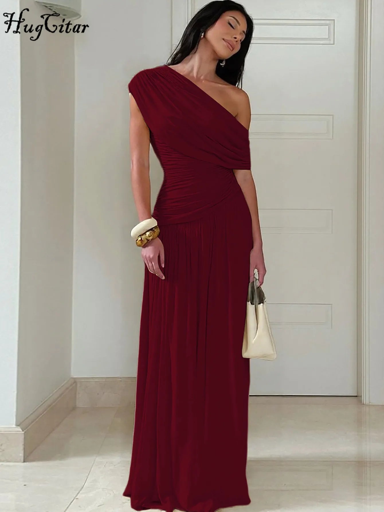 Hugcitar One Shoulder Ruched Sleeveless Solid Pleated Sexy Irregular Y2K Maxi Dress Summer Elegant Party Women Clothes Vacation - Shellss