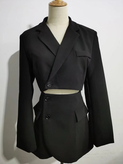2 pieces 1 set Women One Button Short Blazer Cropped