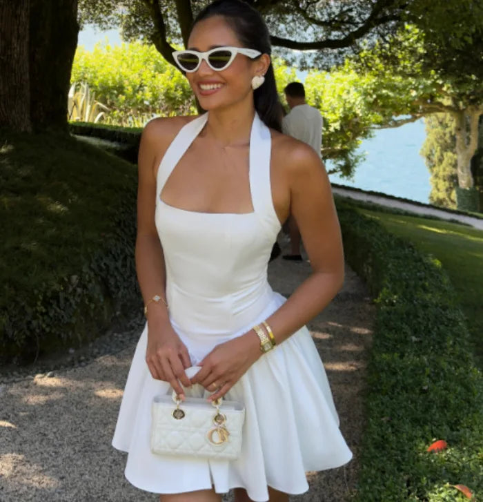 White halter neck dress