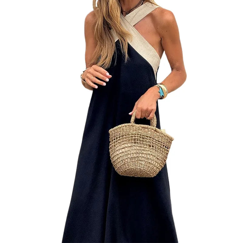 Sexy Halter Hollow Out Holiday Dress Summer Contrasting Color Loose Women's Dress Casual Elegant Party Beach Long Dress Vestidos