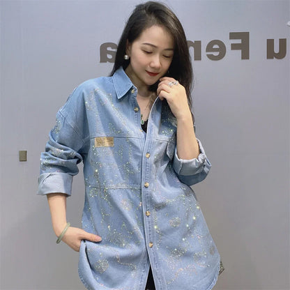 Autumn/Spring Summer Rhinestones Denim Shirt