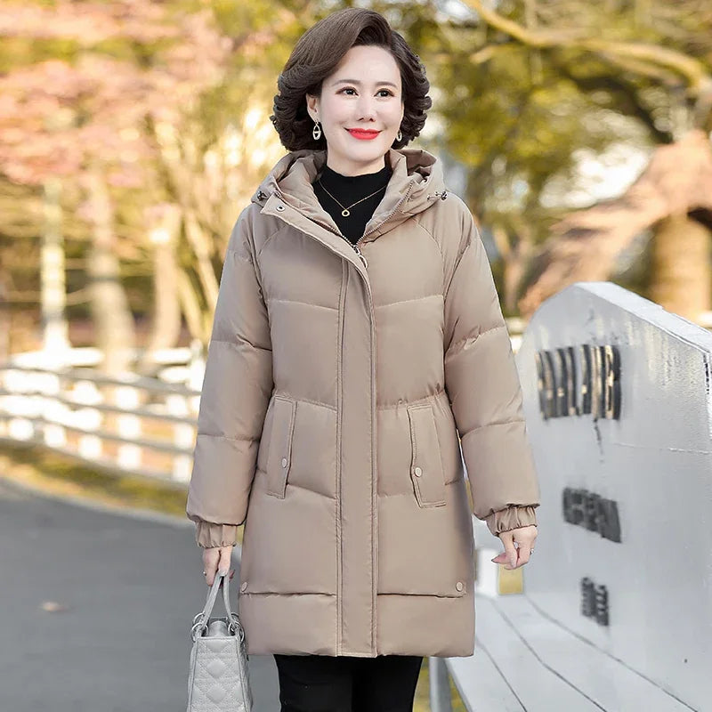 Winter Cotton padded Jacket Hooded solid color fleece thick Parkas Warm Loose Long Overcoat middle aged and Grandma Snow Coat