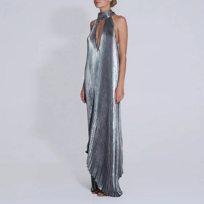 Silver Satin backless Pleated Irregular Dress
