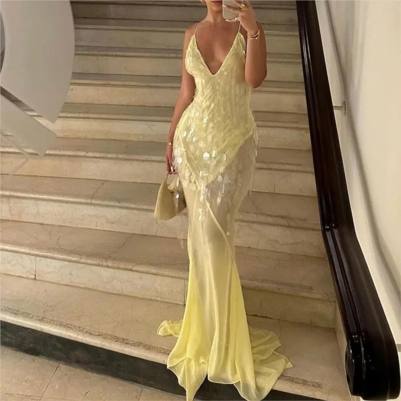 New Summer Sequins Patchwork Mesh Slim Long Dress Women Casual Vacation Dress Sexy Suspender V Neck Backless Evening Dress