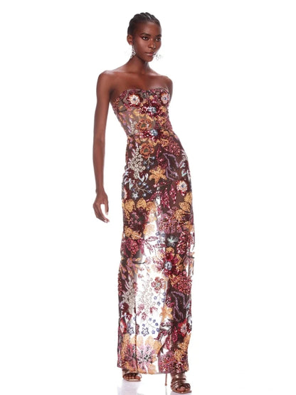 Sexy Strapless Floral Sequin Long Dress