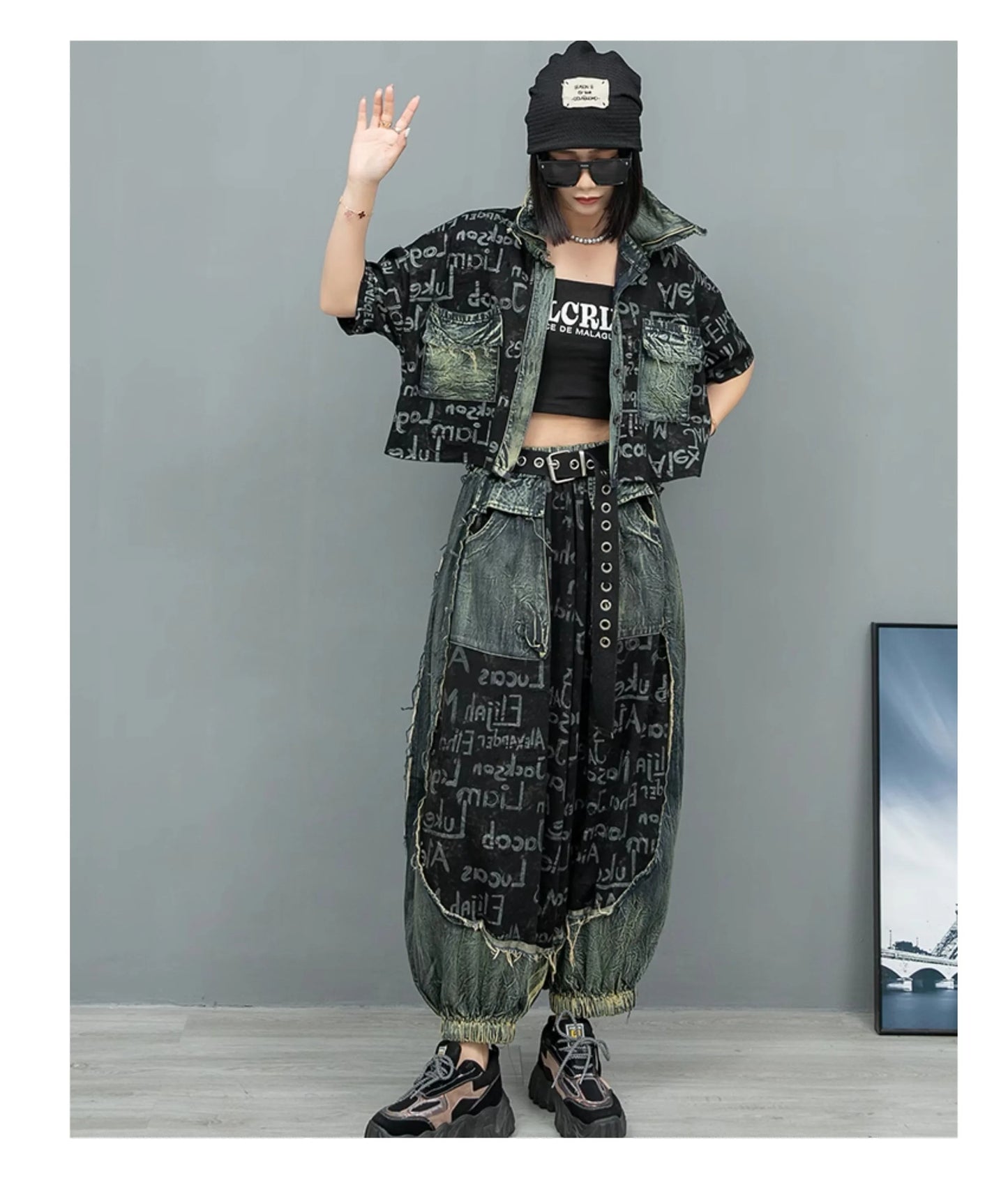 Letter Printed Denim Jacket + Lantern Pants 2 piece set